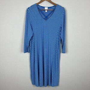 Chicos 3 Dress Womens XL Blue White Stripe A-Line Stretch 3/4 Sleeve Criss Cross